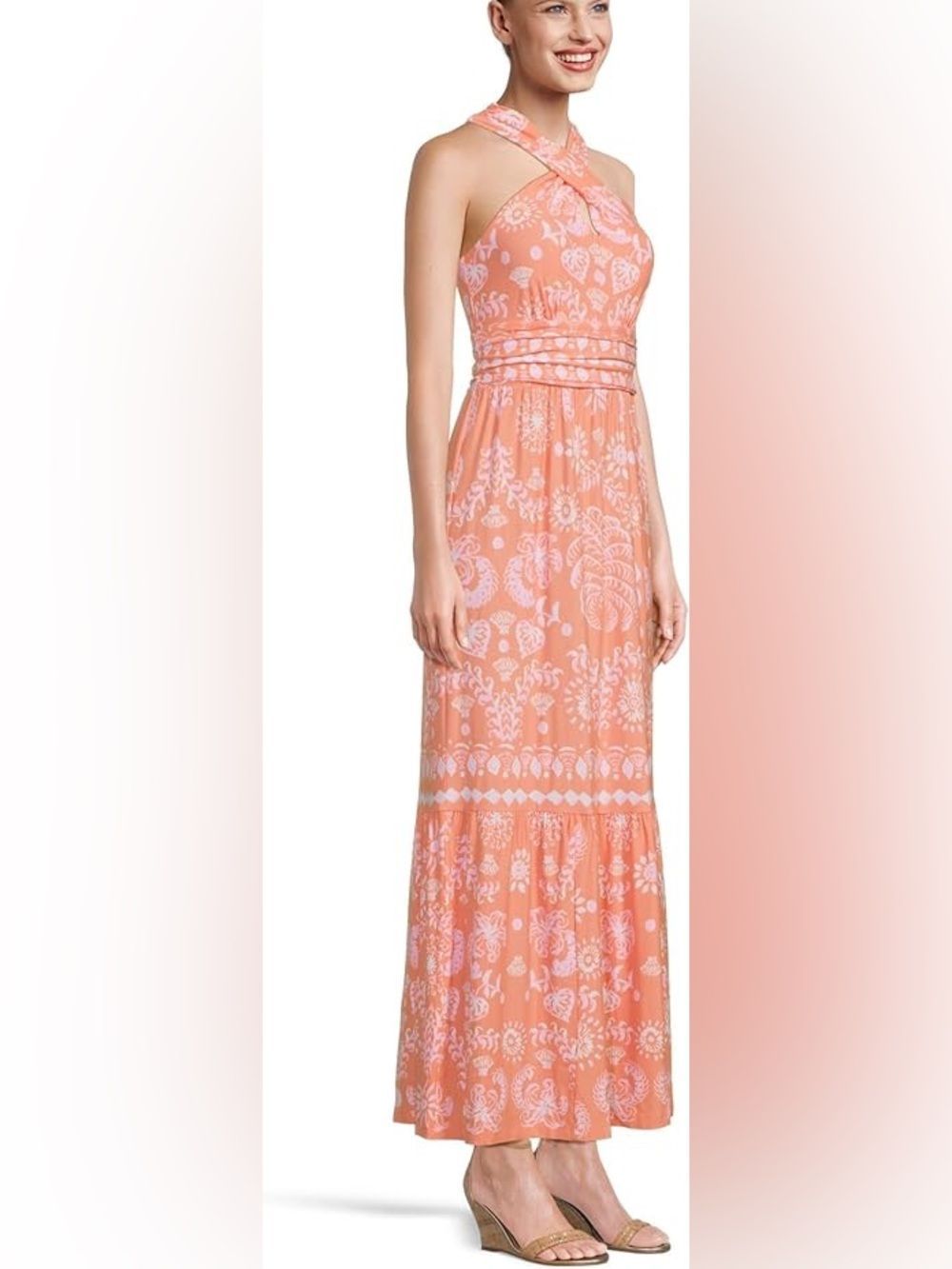 Lilly Pulitzer Montecito Halter Maxi Dress Sleeveless Coral Papaya Breezy Palm